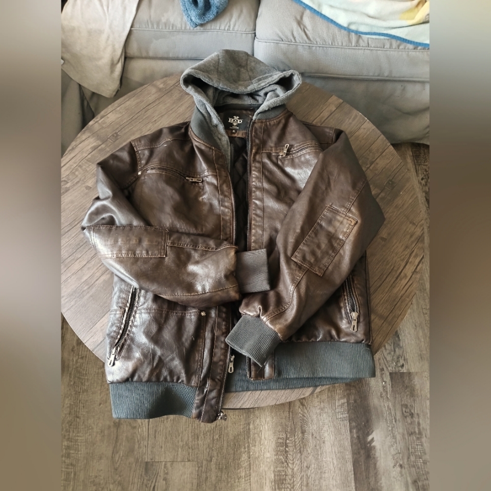 Size xl brown 2 in 1 leather jacket and hoodie